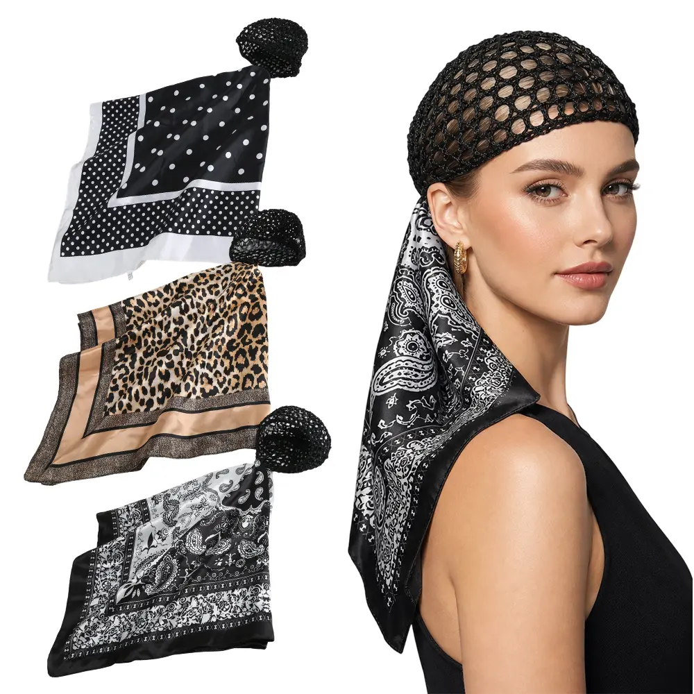 3 Pcs 2‑in‑1 Wrap Cap for Women, Mesh Hair Net with Satin Printed Scarf, Heatless Press Netted Head Wrap, Elastic Overnight Hair Protection Headwear ﻿
