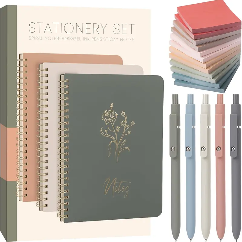 Cute Spiral Notebook Set For Women, Bible Journal Set, 3 Pack A5 Spiral Notebook + 5 PCS Gel Pens + 600 Sticky Notes + Gift Box, Aesthetic Gift Set for Work Students School Office Supplies