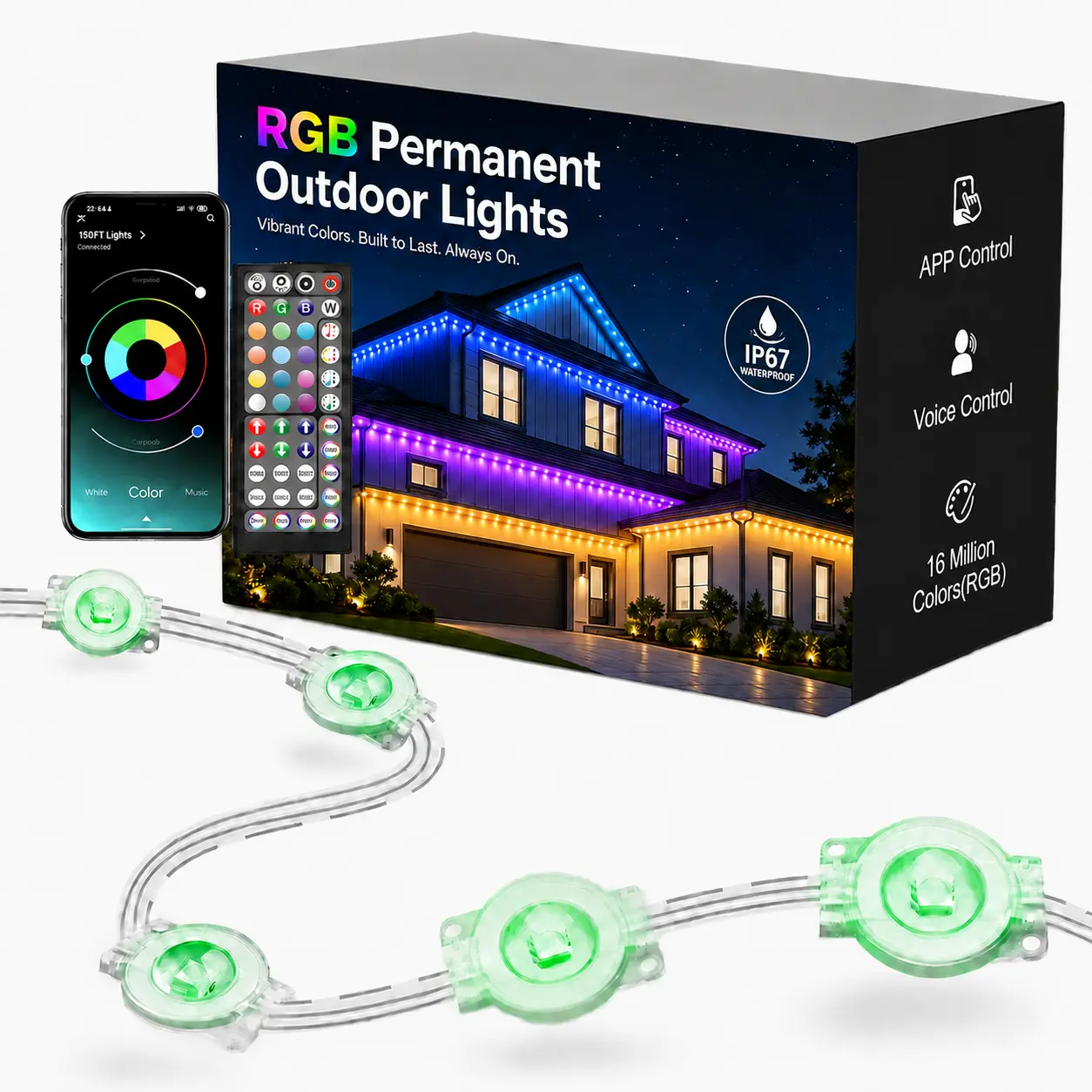 100FT Permanent Outdoor Lights, Smart RGB Eave Lights with App Control, Bluetooth Connected Roofline LED Lights for House Exterior, Christmas, Halloween, Holiday Decor & Year-Round Home Lighting