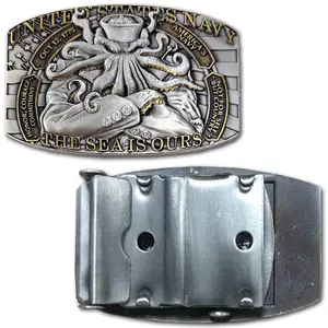 Navy Squid The Sea Is Ours Veteran Belt Buckle 3.5 Inch Wide 2 Inch Tall 5 mm Thick Antique Gold and Silver