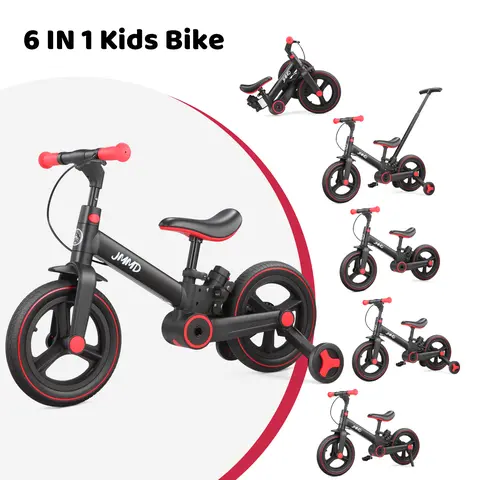【ChristmasGifts】JMMD 6-in-1 Multi-Functional Toddler Balance Bike (18-60M) - Kids Outdoor Toys with Training Wheels, Pedals, Push Handle, Brakes, Kickstand, Unisex Ride-On for Christmas, First Birthday Gifts, Baby Bicycles backtoschool, Baby Bicycle Kid