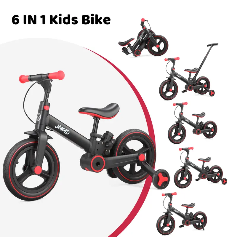 【ChristmasGifts】JMMD 6-in-1 Multi-Functional Toddler Balance Bike (18-60M) - Kids Outdoor Toys with Training Wheels, Pedals, Push Handle, Brakes, Kickstand, Unisex Ride-On for Christmas, First Birthday Gifts, Baby Bicycles backtoschool, Baby Bicycle Kid
