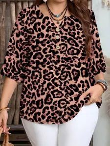 Plus Size Leopard Print V Neck Button Mid Sleeve T-Shirt, Loose Fit Casual Daily Wear, Elegant All over Print Top for Women