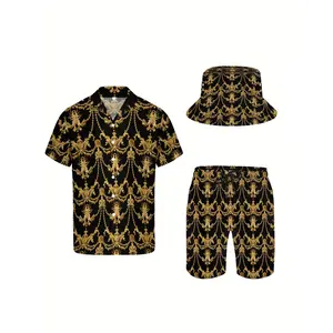 3-piece men's Hawaiian shirt and shorts set, Baroque luxury gold chain print, soft fabric breathable shirt, button-up short-sleeve casual beach shirt set, with fisherman hat