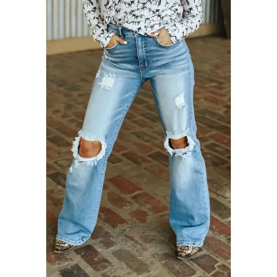 Plus Size Relaxed Fit Bootcut Jeans, High-Rise Light Wash Distressed Soft Stretch Cotton Denim with an Adjustable Elastic Waist, Pocket, Style, Stretch Denim