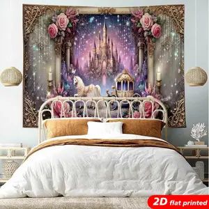 Magical Fairy Tale Castle Tapestry Wall Hanging, Princess Carriage-Rose Design 2D Flat Printed Home Decor, Backdrop for Girls Room, Gift for Aesthetic Spaces