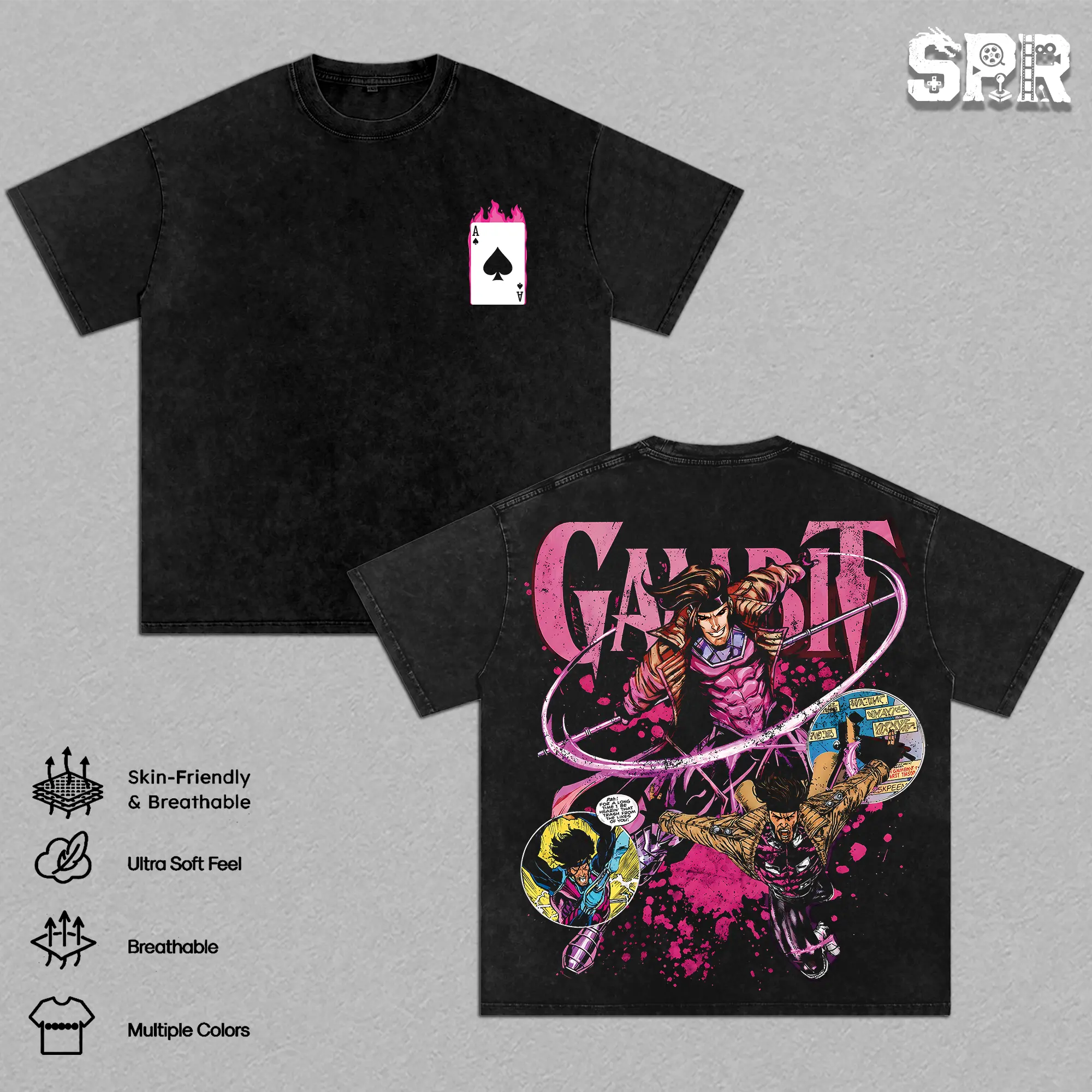 Gambit Hero Double Printed Oversize Hoodie Tshirt Acid Washed Tee & Hoodie, Sweatshirt TV Show Graphic Top Cotton Gift T-Shirt For Comic Lover, Gift T-Shirt For Movie Lover Men's Regular Fit Floral Print Tee streetwear