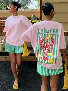 Women's Milk Silk Fabric T-Shirt, Lady, Soft Breathable Light Short Sleeve, Lobster Lemon Letter Graphic, Casual Fashion Streetwear