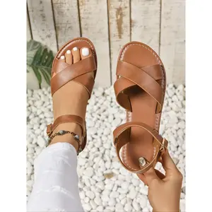 Women's Fashion Sandals, Flat Vintage Casual Roman Shoes, PU Leather Peep Toe Medium Width, Rubber Sole