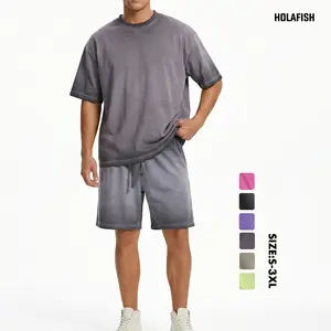 Holafish Mens Suits Tshirt & Shorts Set Summer Washed Cotton Dirty Washed Trendy Gradient Color Men's and Women's Suits, Short-sleeved Tops Paired with Shorts 2026 Fashion
