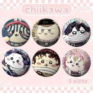 Funny Chiikawa Usagi Hachiware x Demon Slayer Button Pin, Funny Chiikawa Pin, Cute Anime Pin