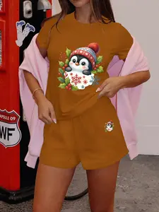 Women's Summer Casual Set, Round Neck Short Sleeve Top & Shorts, Penguin Print Design, Comfortable Fit for Daily Wear
