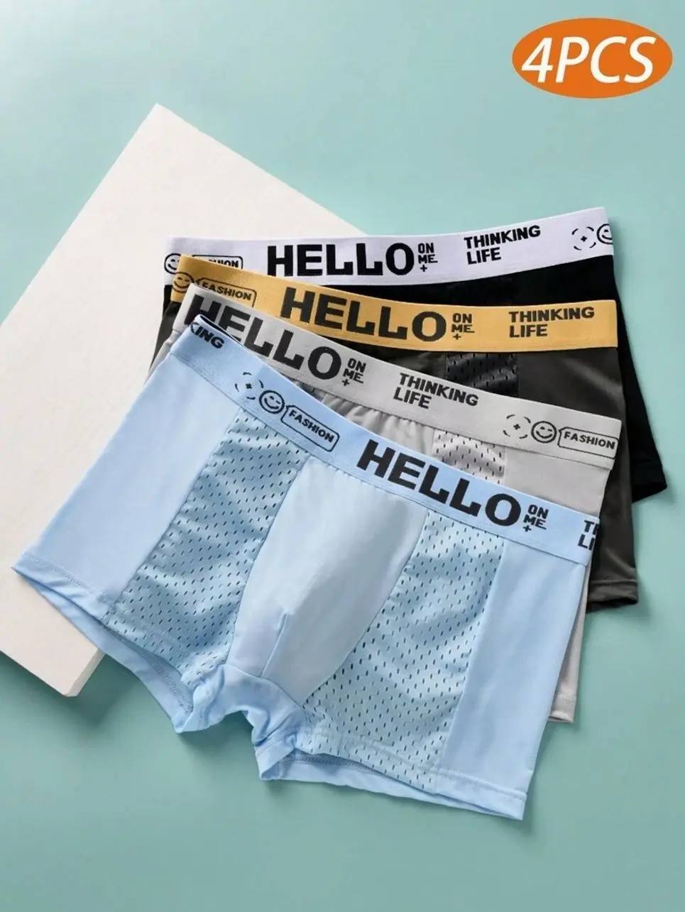 4pcs Men's Boxer Briefs, Mesh Breathable Ice Silk & HELLO Letter Print for Summer