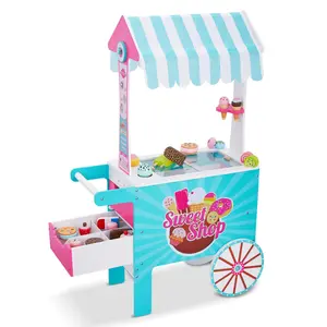 Lil’ Jumbl Wooden Sweet Treats Playset, Kids Play Pretend Dessert Stand Push Cart w/ 20+ Ice Cream Cone, Popsicle & Cupcake Accessories, Food Displays, Awning, Freezer, Storage Drawers, Clock & Menus