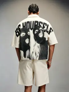 Men's "BE YOURSELF" Balaclava Print 2-Piece Set, Streetwear Short Sleeve Cuban Collar Shirt & Shorts, Casual Matching Co-Ord, Beige Summer Outfit for Gen Z