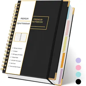5 Subject Notebook, 240 Pages Lined Spiral Journal College Ruled, 7.6" x 10.5" B5 Hardcover Journaling Notebooks for Work Note Taking, College School Supplies, Black