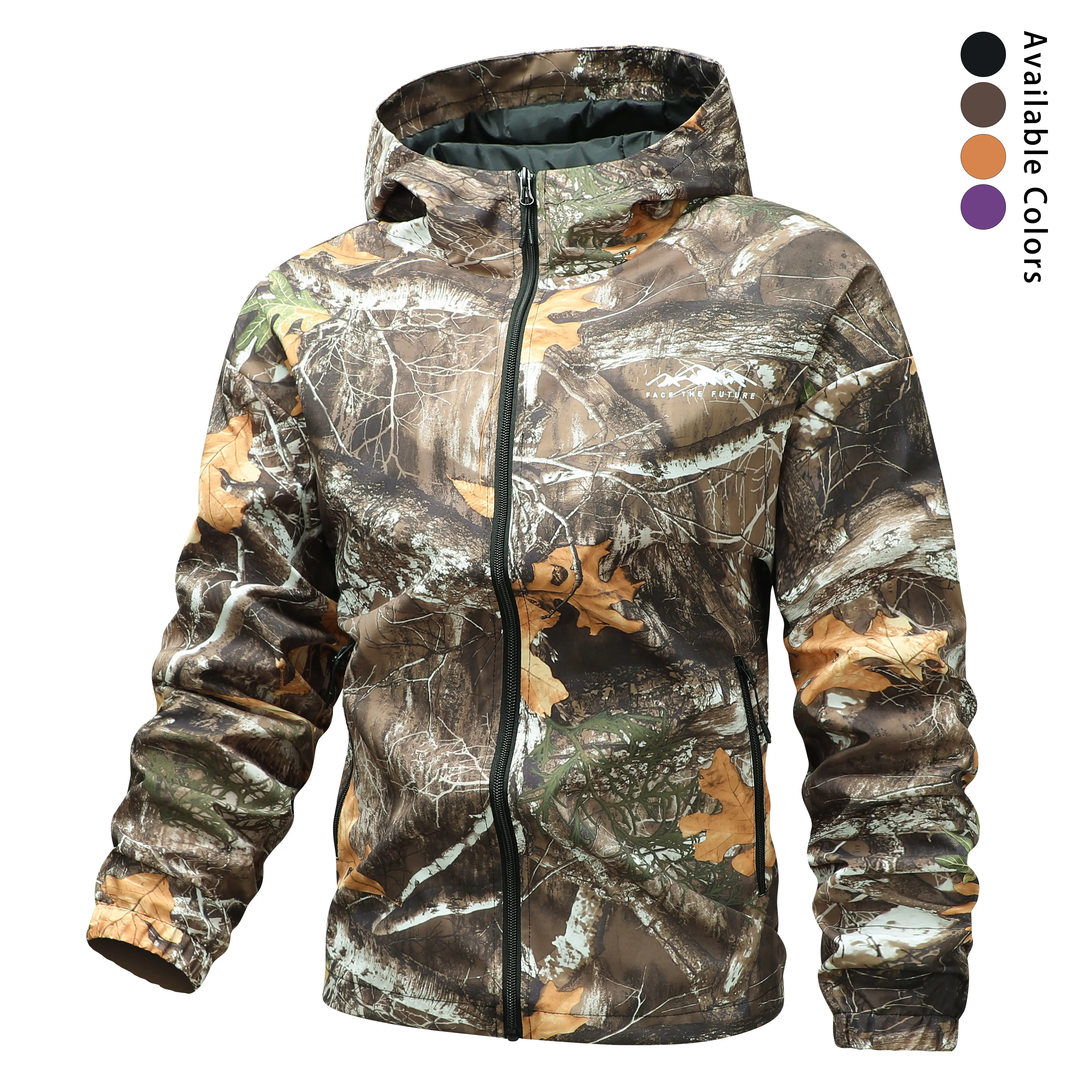 Fashion camouflage tree-pattern hooded jacket with adjustable drawstring hood and zipper design; outdoor hunting streetwear windbreaker