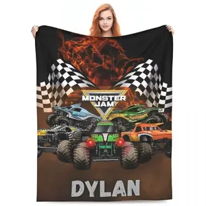 Monster Jam Monster Truck Custom Name Print Flannel Blanket Cooling Blanket Homegoods Soft Cozy For Bedroom Living Room Sofa For Monster Truck Fans Kids Racing Lovers Perfect Gift