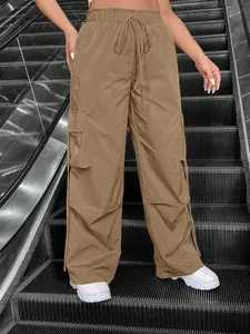 Flirla Plus Size Women's Solid Color Waist Tie Loose Wide Leg Casual Cargo Parachute Pants Fall Cloth For