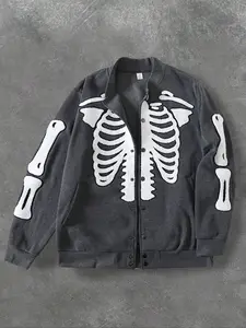 Men's American Street Skull Skeleton Velour Baseball Jacket, Vintage Faded Bone Print Coat, Y2K Subculture Fashion Outerwear