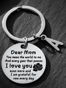 Dear Mom Keychain, Engraved 'you Mean the World to Me' Stainless Steel Key Ring, Initial A, Mother's Day Birthday Christmas Gift