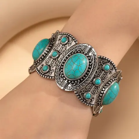 Vintage Boho Style Turquoise Decor Bangle, Fashionable Jewelry for Women & Men, Trendy All-match & Exquisite Jewelry for Birthday Gift
