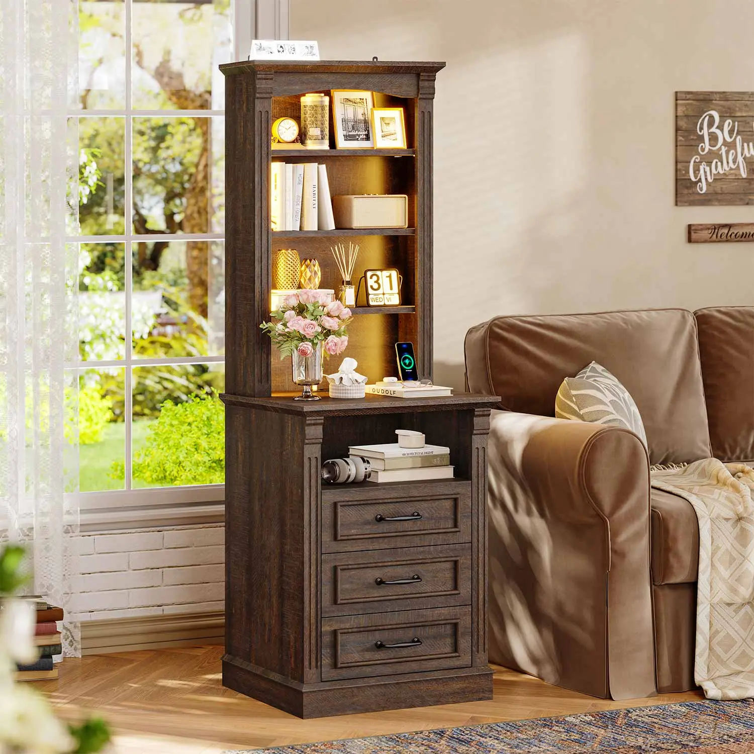 SIKAIC 61 Inch Tall Nightstand with Charging Station and LED Lights, Walnut Bedside Table with Drawer and Storage