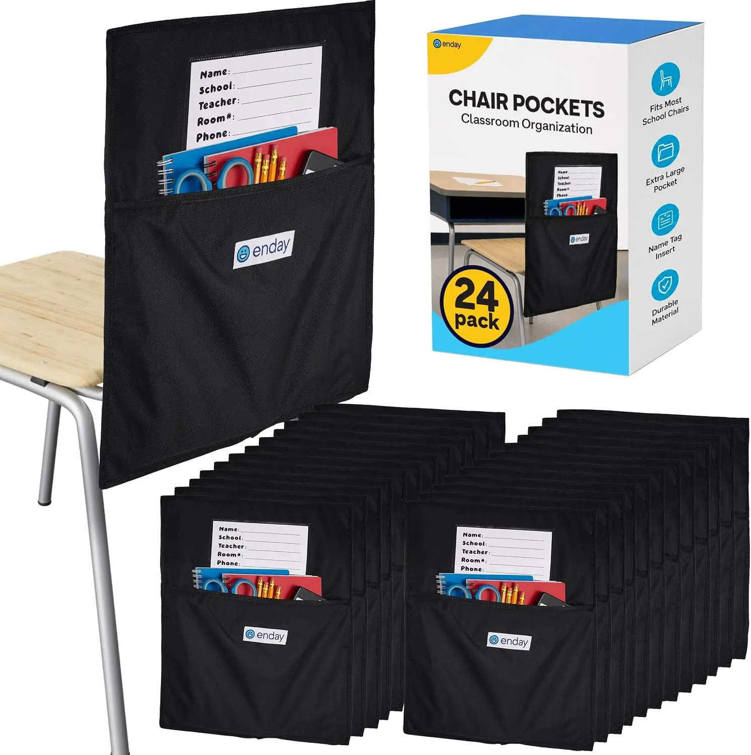 Enday Chair Pockets for Classrooms Set of 24, Premium Student Chair Pockets, Deep Seat Sacks for Classroom Chairs, Heavy Duty Chair Bags for Books & School Supplies Organizer