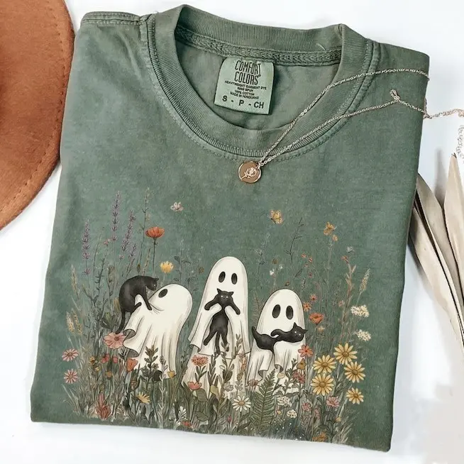 Comfort Colors Vintage Cottagecore Ghost Cat TShirt, Halloween Whimsical Wildflower Botanical Tee, Floral Spooky Nature Lover Gift