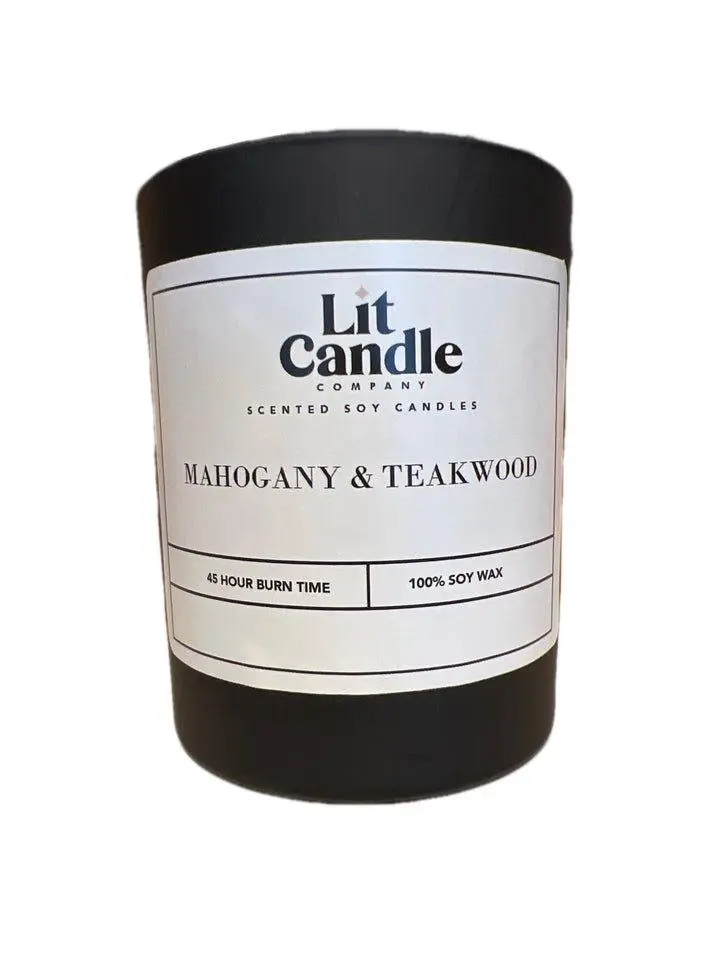 Lit Candle Company Mahogany & Teakwood Scented Soy Wax Candle - 45 Hour Burn Time - Natural Woodsy Aroma for Relaxing Ambiance