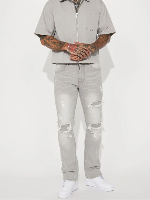 Men's Loose Straight Leg Denim Jeans, All-Season Street Style Business Jeans, Casual Ripped Design, Long Trousers for Men