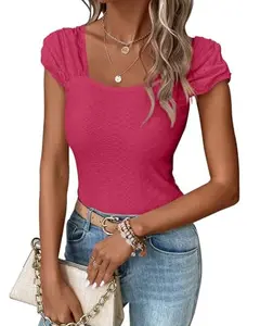 Beotyshow Womens Square Neck Tank Tops Cute Eyelet Cap Sleeve Tee Going Out Slim Fit Backless Shirts