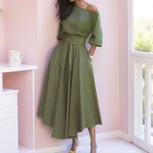 Women's Elegant Off-the-Shoulder Waist-Cinched Lace-Up Maxi Dress - Lady's Formal Wear & Casual Gowns, European-American Style Trendy New Arrivals