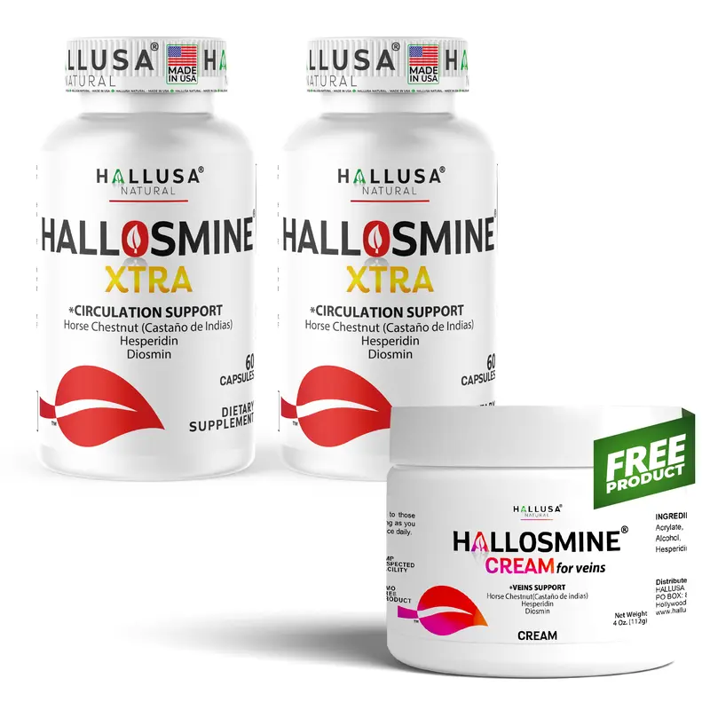 HALLOSMINE XTRA + FREE Cream – Circulation & Vein Support – Diosmin, Horse Chestnut & Hesperidin – 120 Capsules – Dietary Supplement Hallusa Natural Leg Pain Healthcare