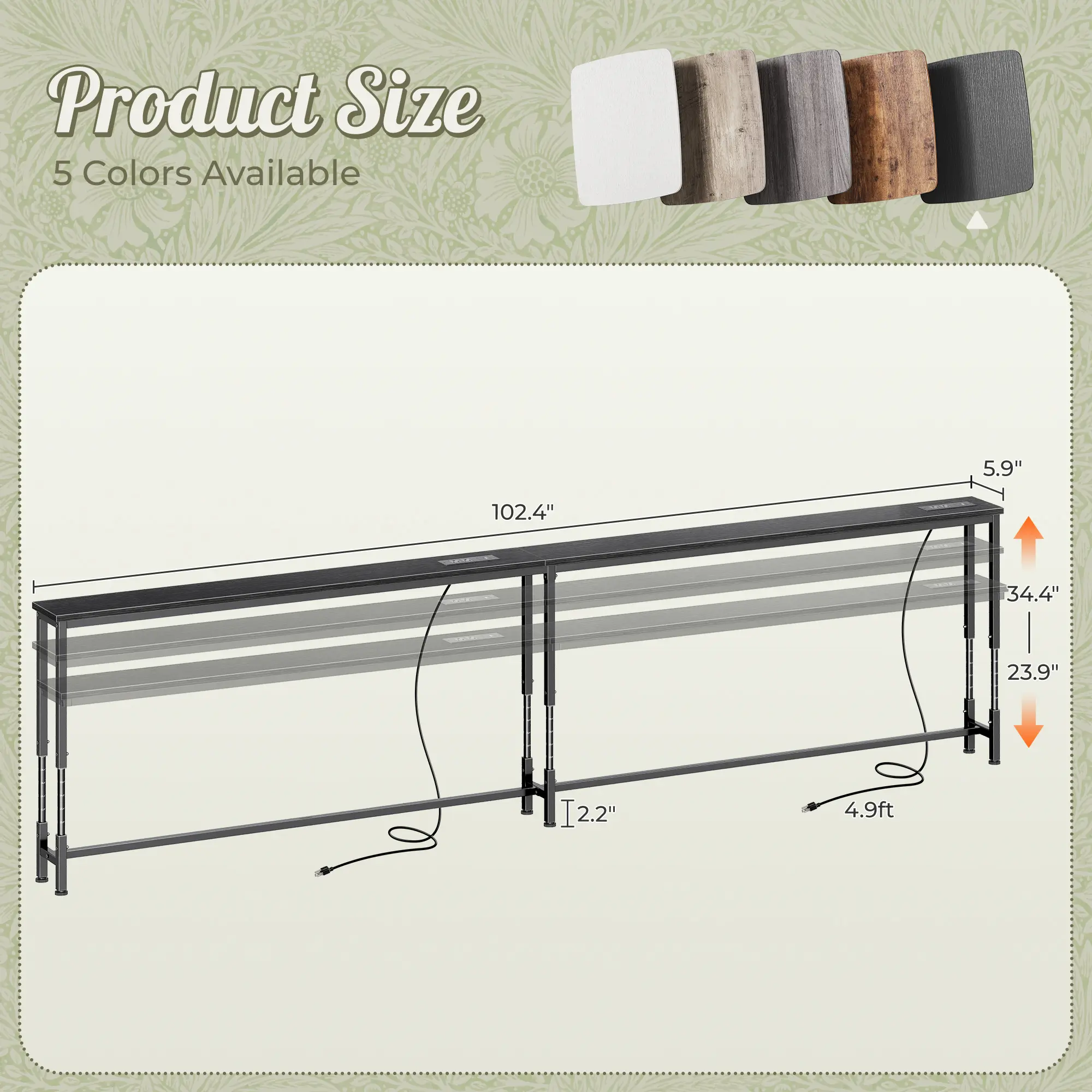 23.9’’-34.4’’ Height Adjustable, 102.4 Inch, Black