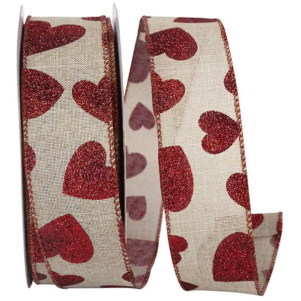 Valentine's Ribbon --- 20 yards --- 1 ½ inch -- Glitter Heart Toss Linen Wired Edge Ribbon