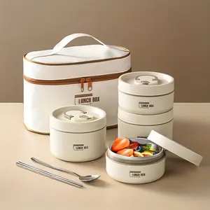Portable Stainless Steel Insulated Lunch Box Set, Round Design, Microwave Safe, Includes Thermal Bag, Chopsticks, Spoon, for Office Travel Home