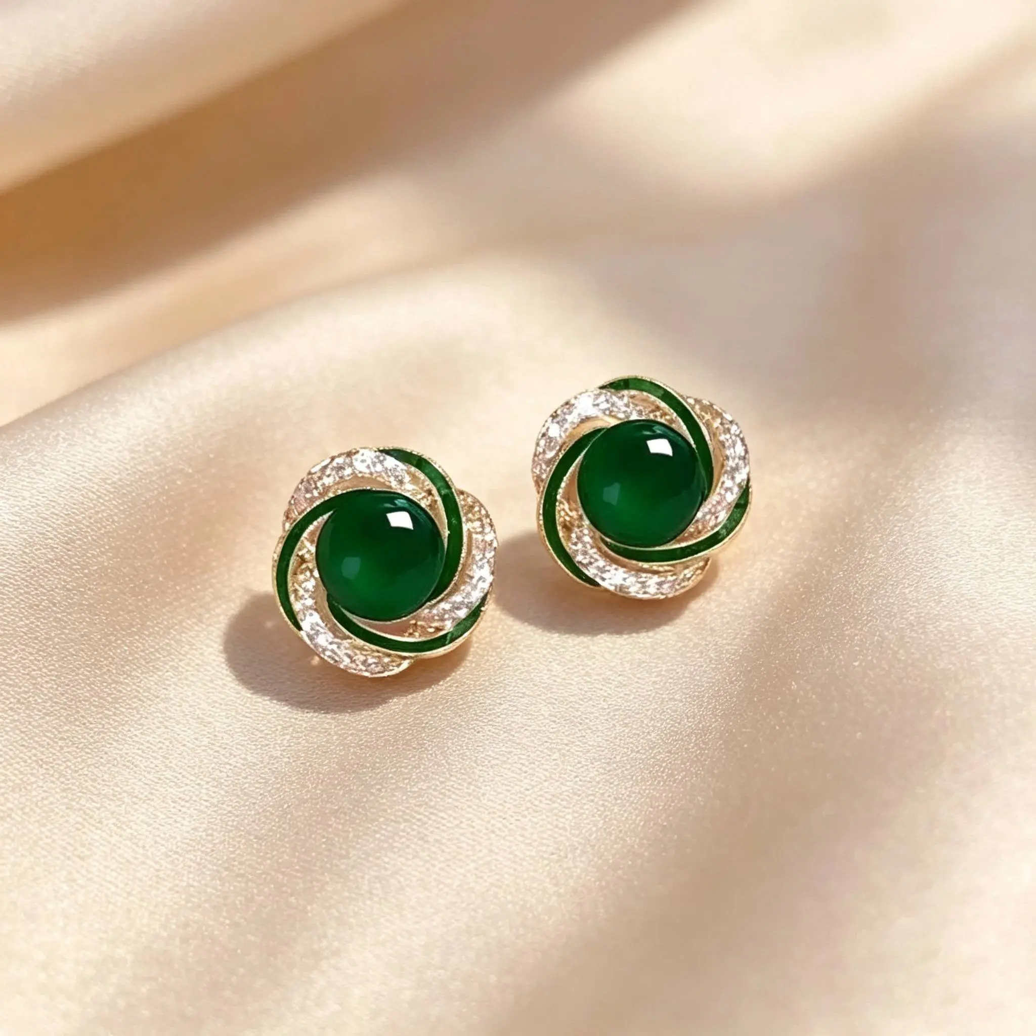 Vintage-style green chalcedony stud earrings, understated luxury design with diamond accents