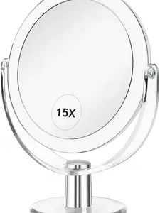 Double-Sided Vanity Makeup Mirror with Stand – 1X/15X Magnification, 360° Swivel Magnifying Mirror for Bathroom, Shaving, Table, Desk or Countertop – 6.25 Inch Portable Mirror