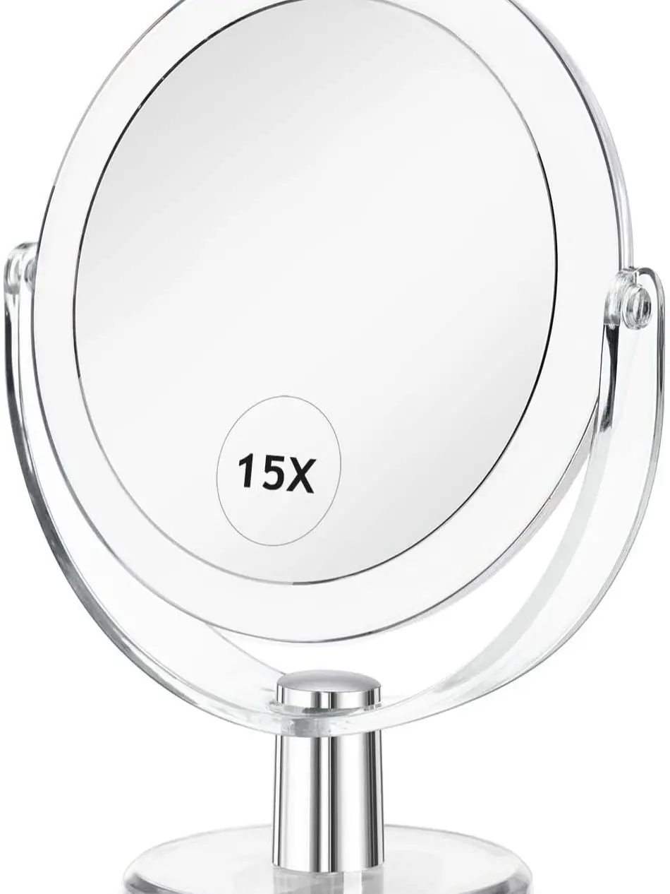 Double-Sided Vanity Makeup Mirror with Stand – 1X/15X Magnification, 360° Swivel Magnifying Mirror for Bathroom, Shaving, Table, Desk or Countertop – 6.25 Inch Portable Mirror