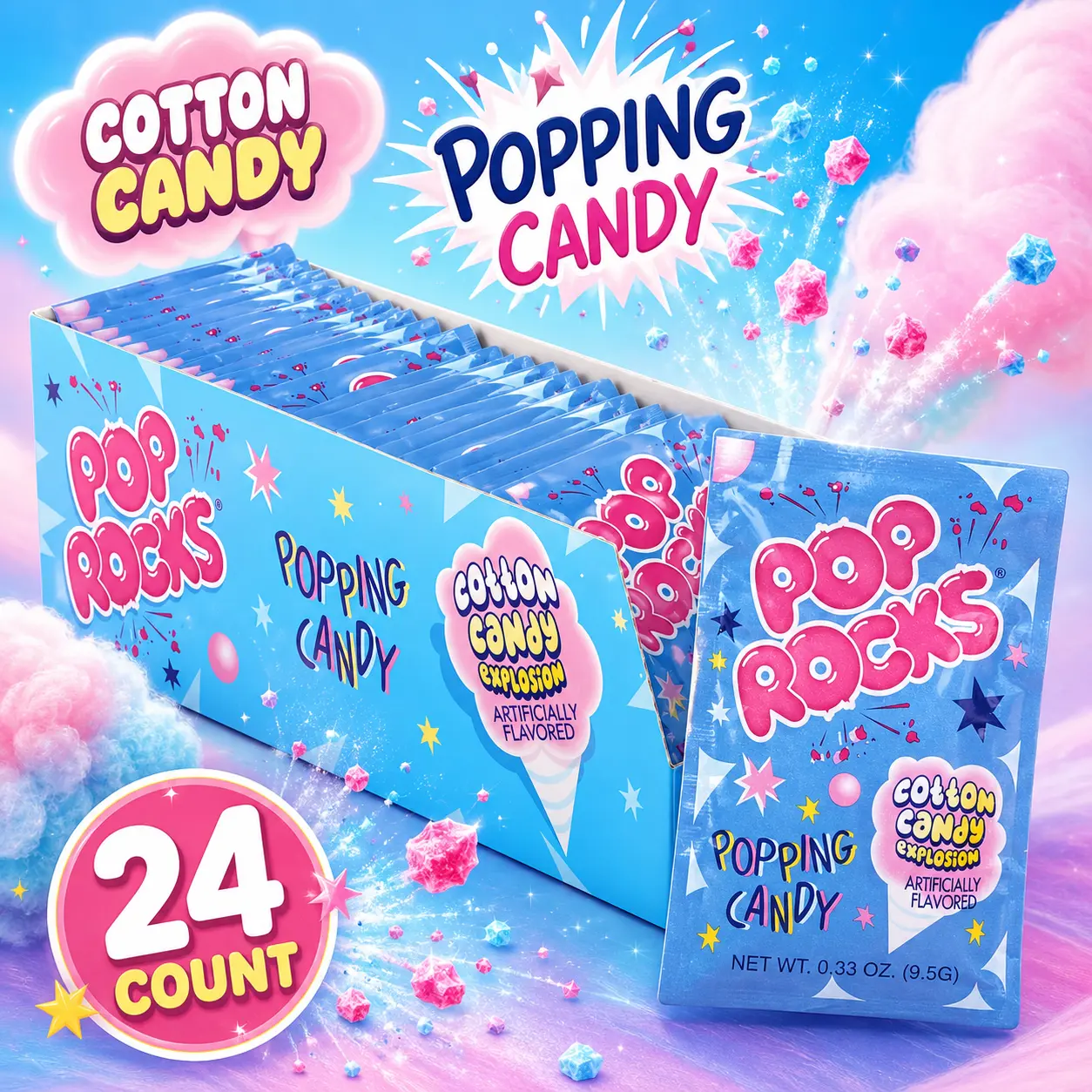 Pop Rocks Cotton Candy Popping Candy 24 Count  Sweet Cotton Candy Flavor with Fizzy Candy Fun | Party Treats & Gift Candy