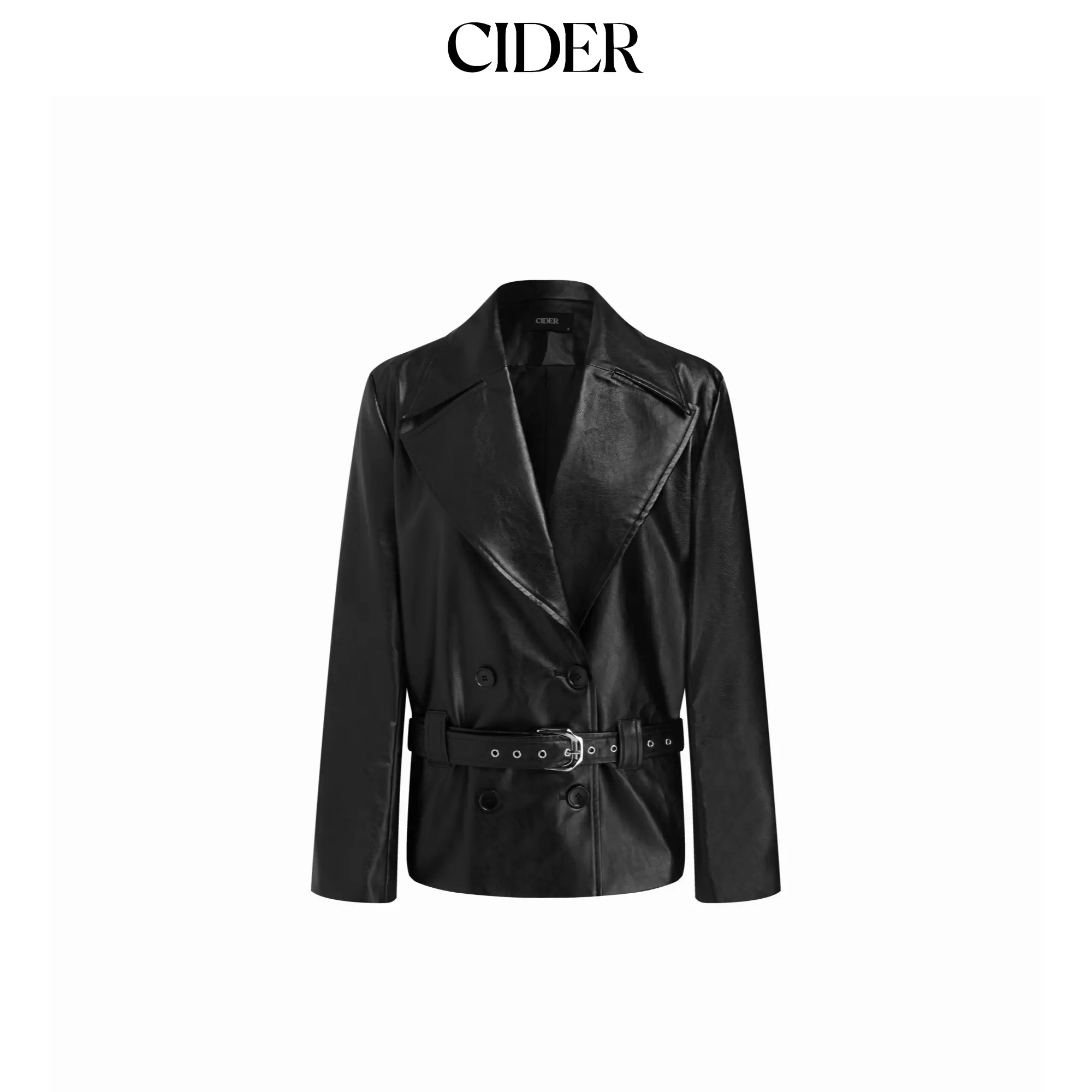 Cider Faux Leather Collar Double Breasted Biker Jacket With Belt