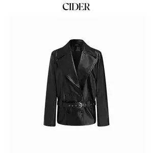 Cider Faux Leather Collar Double Breasted Biker Jacket With Belt