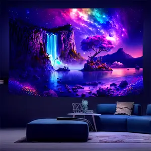 1 Sheet, Large Waterfall Starry Sky Tapestry - Vibrant fluorescent, beautiful bedroom decor, easy to hang, perfect for bedroom, office, living room - Comes with free accessories and easy care religious decoration