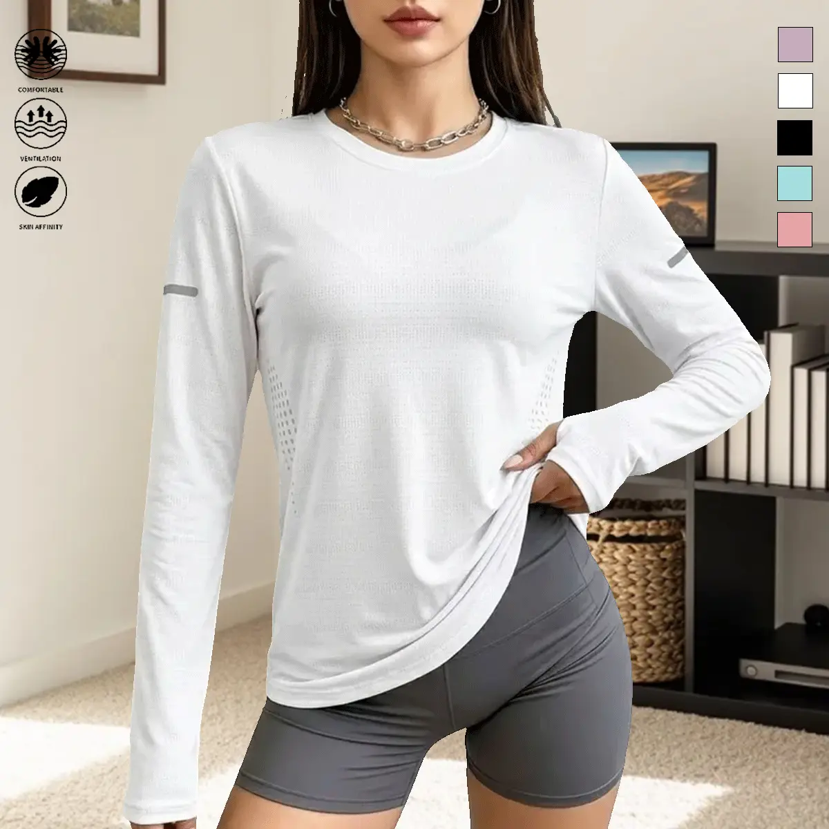 Women’s quick-dry T-shirt with breathable mesh long sleeves and a stretchy crew neck, suitable for sports, running, workouts, and outdoor activities; casual wear for all seasons; women’s top.