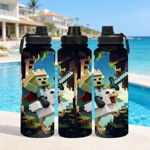 1pc 33oz large-capacity insulated cup printed with Minecraft zombies and pixel sword patterns, with a black lid and portable handle design, and a game pixel style water bottle