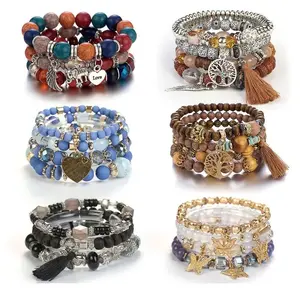 Fashion Bohemian Style Beaded Jewelry for Women Elastic Bohemian Style Multiple Pendant Crystal Bead Bracelet Set Gift