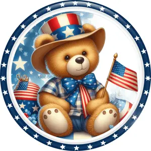 Patriotic Sign, Patriotic Teddy Bear Sign, DECOE-5172, 10" Metal Round