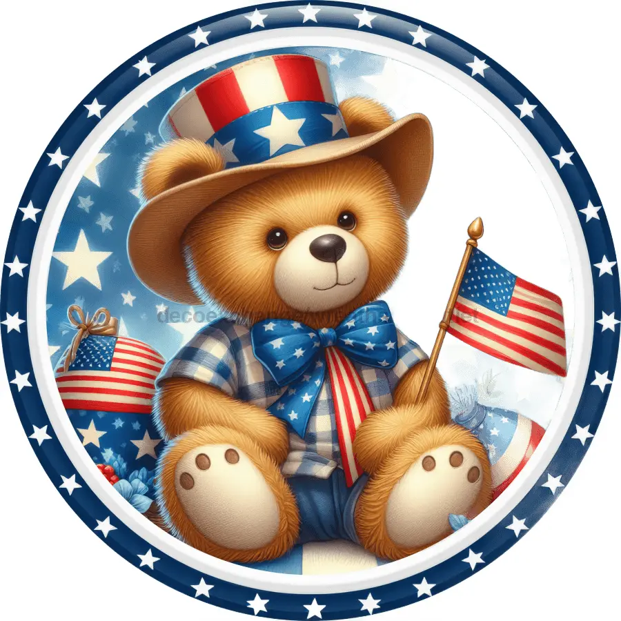 Patriotic Sign, Patriotic Teddy Bear Sign, DECOE-5172, 10" Metal Round