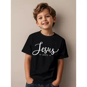 Jesus Saves Christian T-Shirt - & Short Sleeve White Tee with Cursive Jesus Lettering & Cross Symbol, Religious Church Outfit, Casual Christian Apparel for and (Machine Washable) (3-13Y)